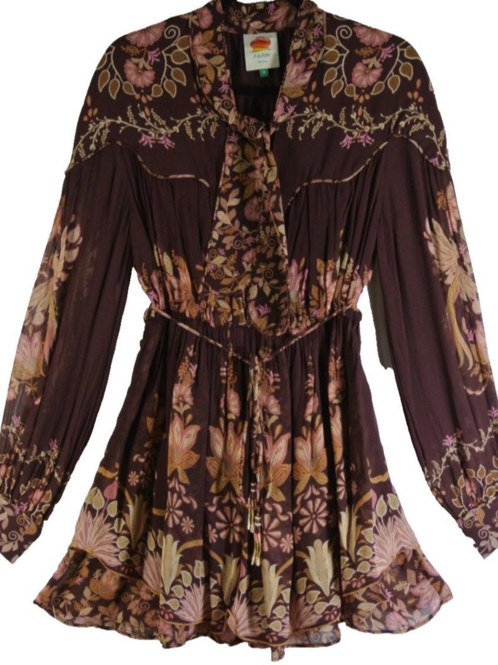 Farm Rio Floral Boho Tie-Waist Mini Dress in Plum - Picture 5 of 6